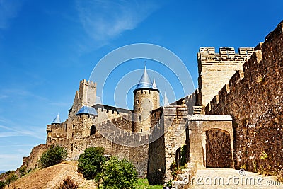 Aude gate and towers of Carcassonne outer wall Stock Photo