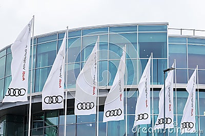 Audi flags at the audi forum in ingolstadt germany Editorial Stock Photo