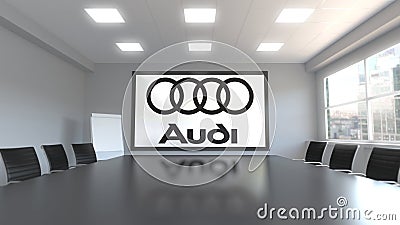 Audi logo on the screen in a meeting room. Editorial 3D rendering Editorial Stock Photo