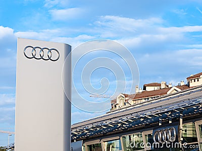 Audi logo on their main dealership store in Belgrade. Audi is a German car and automotive manufacturer Editorial Stock Photo