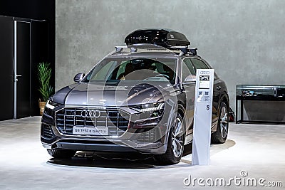 Audi Q8 TFSI e Quattro plug-in hybrid SUV car at the Brussels Autosalon European Motor Show. Brussels, Belgium - January 13, 2023 Editorial Stock Photo