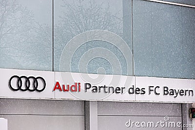 an audi sign on the headquarter of club Bayern Munich Editorial Stock Photo