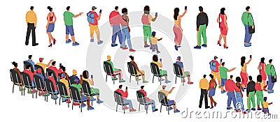 Audience back view. People crowd. Event in class. Persons sitting on chairs behind on concert. Cheering characters Vector Illustration