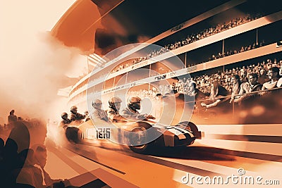 audience in full stadium sports car racing double exposure Stock Photo