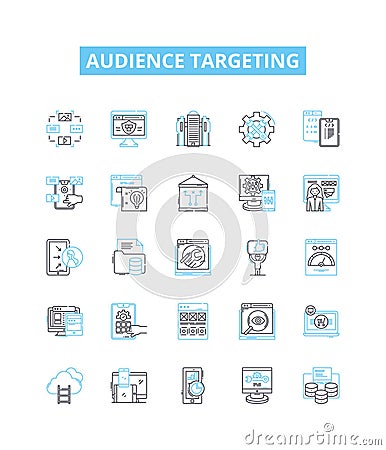 Audience targeting vector line icons set. Audience, targeting, segmentation, profiling, demographics, location Vector Illustration