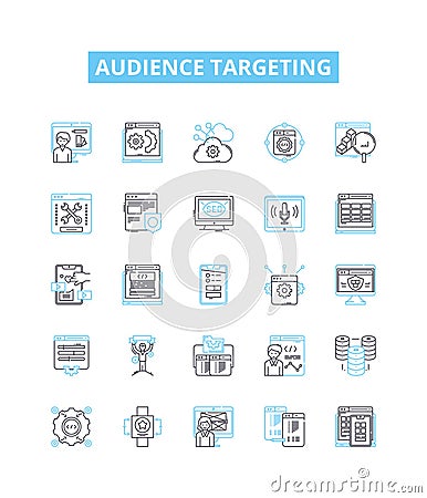 Audience targeting vector line icons set. Audience, targeting, segmentation, profiling, demographics, location Vector Illustration
