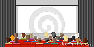 The audience is watching a movie in the cinema. The audience is sitting in the cinema and watching the movie Cartoon Illustration