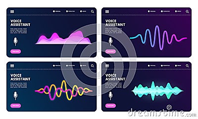 Audio assistant landing page. Vector voice personal assistant web banners with sound waves Vector Illustration