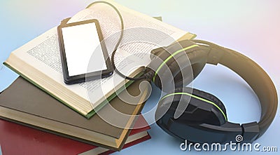 Audio book concept. Headphones, tablet, open book and pile of books on blue background. Stock Photo