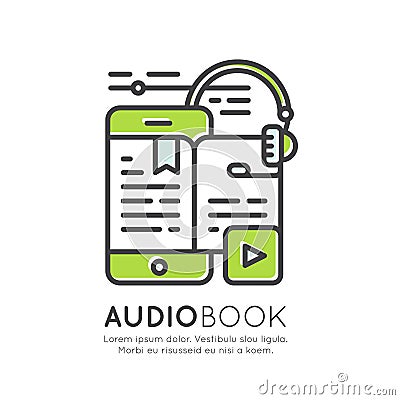 Audio Book, Electronic Reader, Headphones, Education App, Isolated Modern Symbol Stock Photo