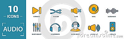 Audio Buttons icon set. Include creative elements play, pause, on off, volume down, repeat icons. Can be used for report, Stock Photo