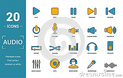 Audio Buttons icon set. Include creative elements play, pause, on off, volume down, repeat icons. Can be used for report, Stock Photo