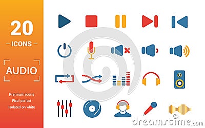 Audio Buttons icon set. Include creative elements play, pause, on off, volume down, repeat icons. Can be used for report, Stock Photo