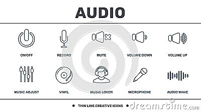 Audio Buttons icons set collection. Includes creative elements such as Record, Mute, Volume Down, Volume Up, Vinyl and Music Lover Stock Photo