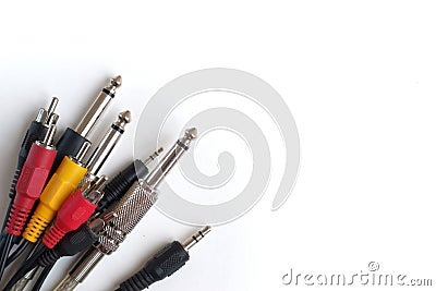 Audio cables and connectors on white background. Recording studio, sound equipment concept. Stock Photo