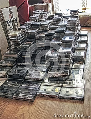 Audio cassette collection on the floor Editorial Stock Photo