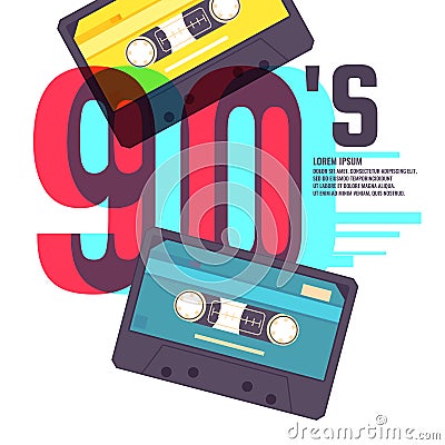 Audio cassette on red background. Retro music 90s. Vector Illustration