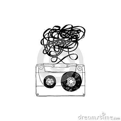 Audio cassette with tangled tape. Vector Illustration