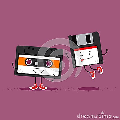 Audio cassette tape and floppy disc. Funny cartoon illustration about retro gadgets from eighties and nineties Cartoon Illustration