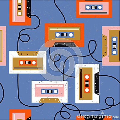 Audio cassettes, colorful musical seamless pattern. Decorative background Vector Illustration