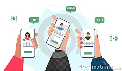 Audio chat conversation in clubhouse app concept. People hands with phone listen podcast vector. Vector Illustration