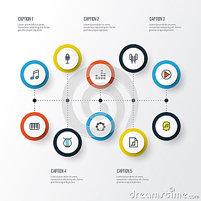 Audio Colorful Outline Icons Set. Collection Of List Vector Illustration