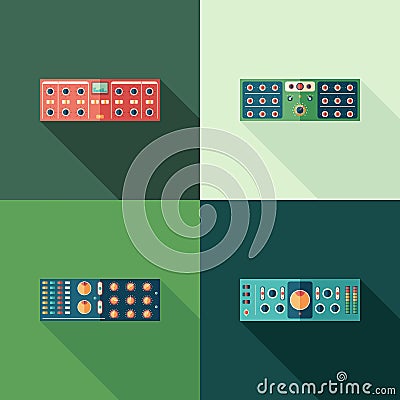 Audio compressors flat square icons. Set 5 Vector Illustration