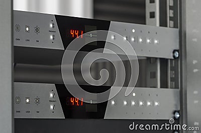 Audio converters mounted on a rack. Stock Photo