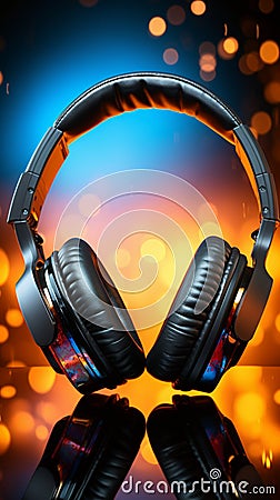 Audio delight Headphones on background, ideal for vibrant music banners Stock Photo