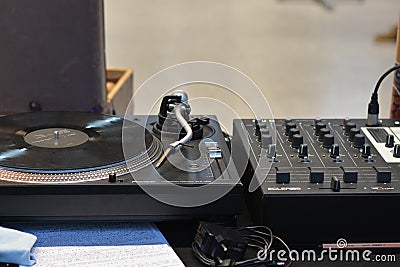 Audio DJ sound equipment, Vinyl record close up Stock Photo