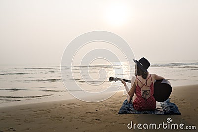 Audio Guitar Beach Woman Women Rhythm Concept Stock Photo