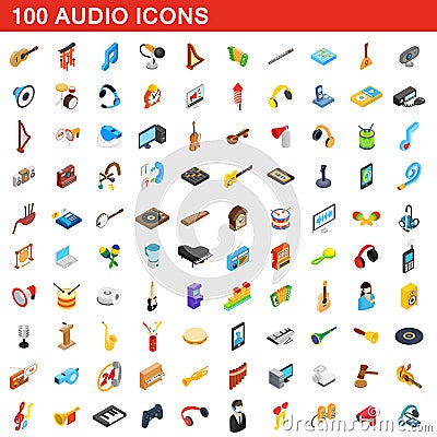100 audio icons set, isometric 3d style Cartoon Illustration