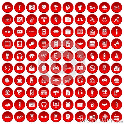 100 audio icons set red Vector Illustration