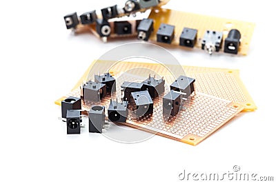 audio jack and power jack placed on pcb Stock Photo