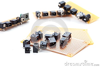 audio jack and power jack placed on pcb Stock Photo