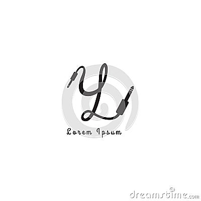 Audio logo design template. Cable jack logo concept forming Letter y lowercase Alphabet. Handwriting, Isolated, Audio equipment, Vector Illustration