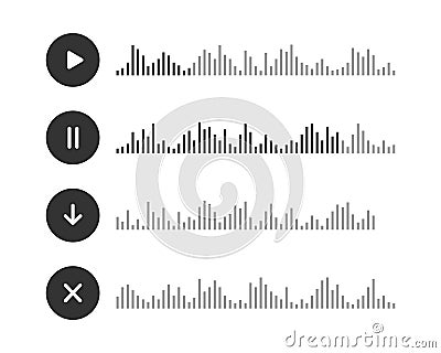 Audio message icons. Voice chat elements with play, pause, downloading, cross buttons and speech waves. Messenger, radio Vector Illustration