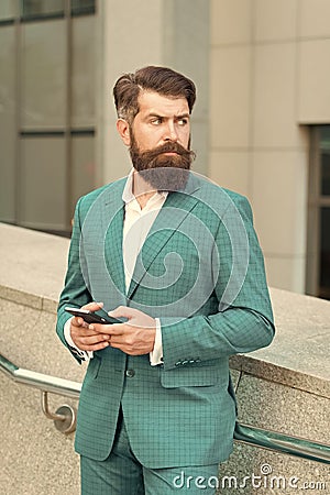 Audio message service. Text messaging. Mobile communication. Email message. Talent of managing. Online business. Bearded Stock Photo