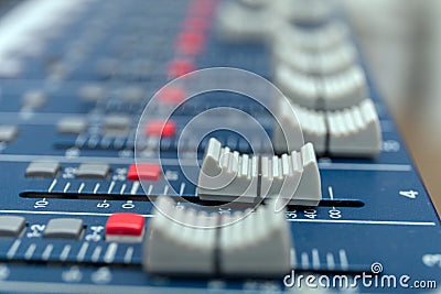 Audio mixer amplifier equipment, sound acoustic musical mixing engineering concept background, selective focus Stock Photo