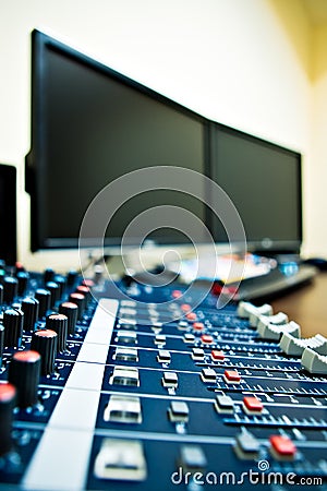 Audio mixer and PC Stock Photo