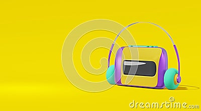 Audio player cassette cartoon style yellow background. Realistic concept toy tape recorder, headphones purple, green text space Cartoon Illustration