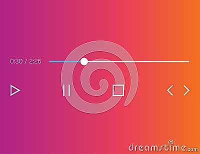 Audio player mockup in gradient background and flat icons. Music interface with play, pause, stop, next and previous Vector Illustration