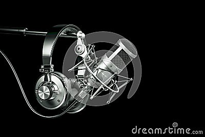 Audio recording studio equipment, Headphones on microphone stand Stock Photo