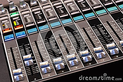 Audio sound DJ mixer control panel remote for music keyboard. close up view macro closeup. Stock Photo