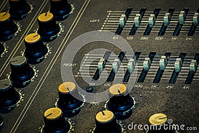 Audio sound mixer console. Sound mixing desk. Music mixer control panel in recording studio. Audio mixing console with faders Stock Photo