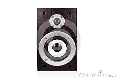 Audio speaker in a wooden case. Isolated on white background Stock Photo