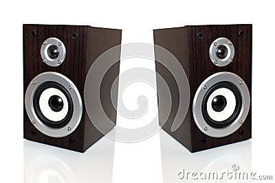 Audio speaker in a wooden case. Isolated on white background Stock Photo