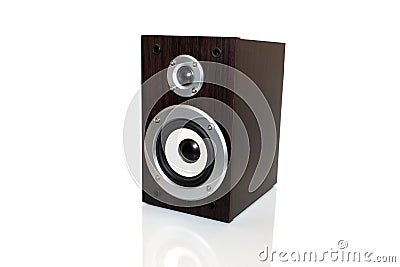 Audio speaker in a wooden case. Isolated on white background Stock Photo