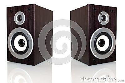 Audio speaker in a wooden case. Isolated on white background Stock Photo