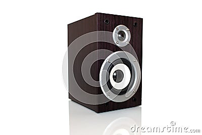 Audio speaker in a wooden case. Isolated on white background Stock Photo